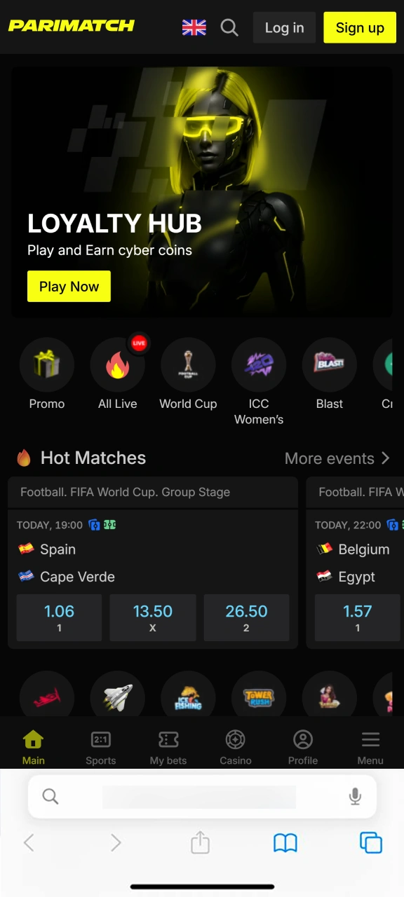 Launch the mobile platform of Parimatch in your browser.