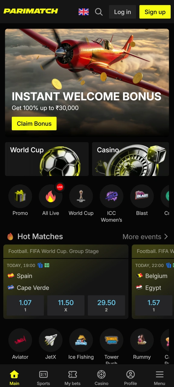 Launch the homepage of Parimatch to explore top betting markets now.