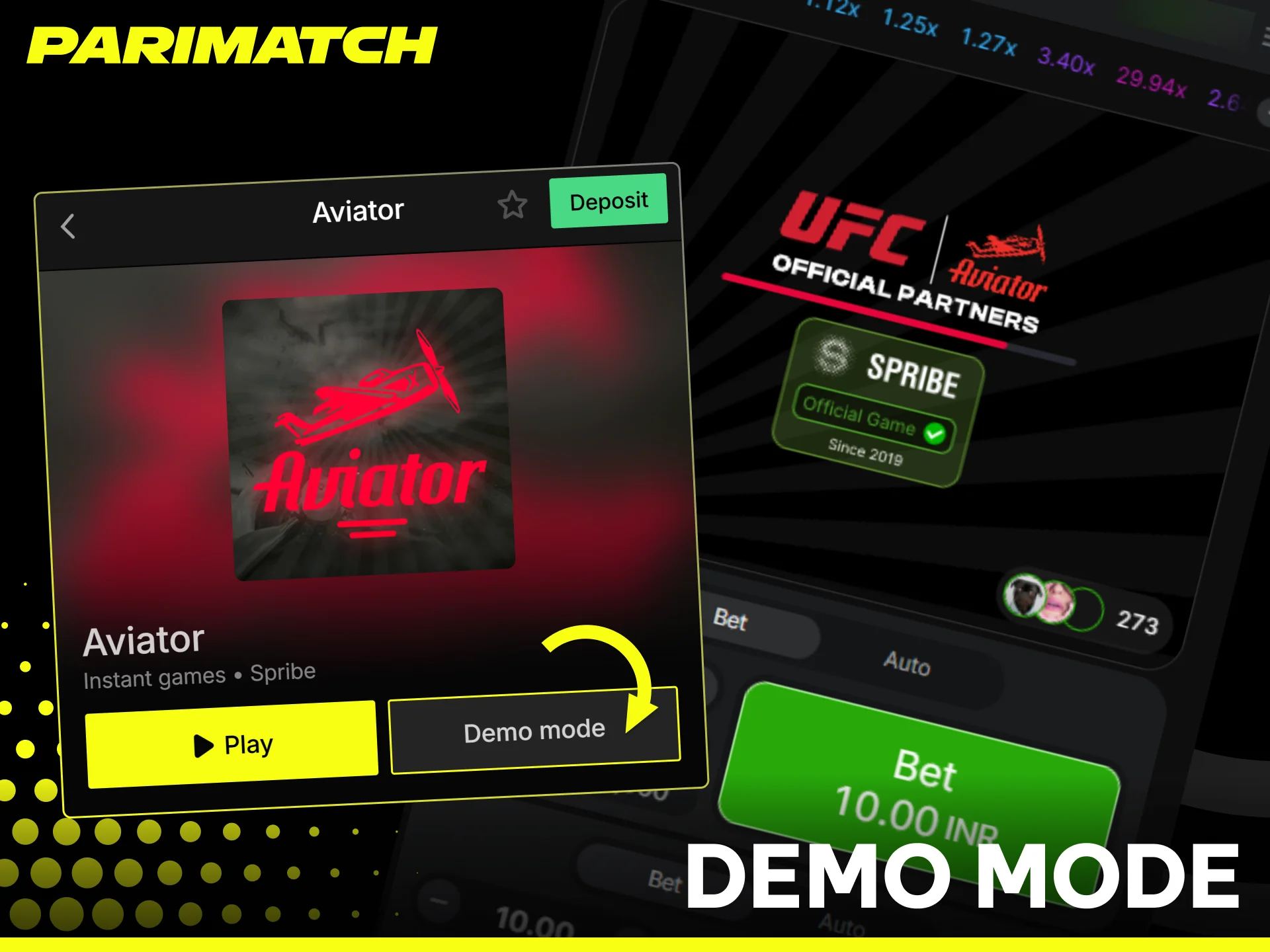 Try the free training version of Aviator on the Parimatch app.