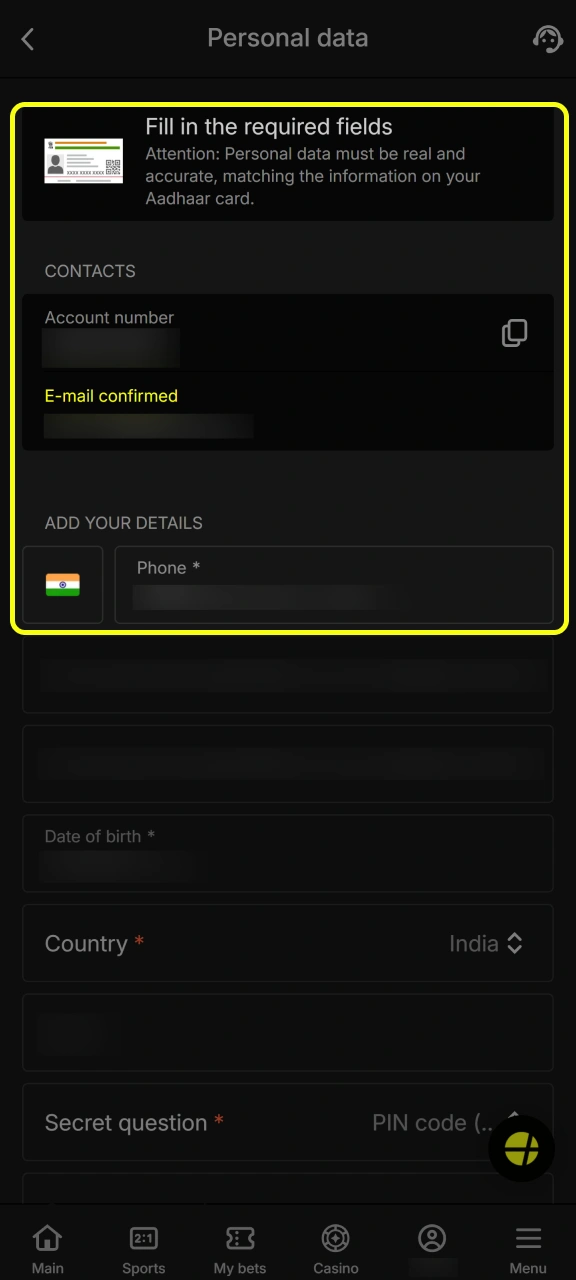 Confirm your mobile number or email to activate your Parimatch account.