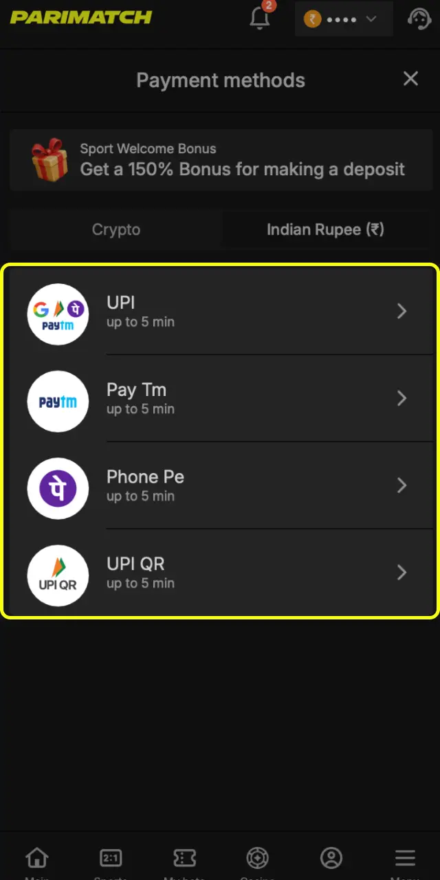 Deposit minimum ₹200 via UPI or PhonePe on Parimatch India to activate your casino bonus.